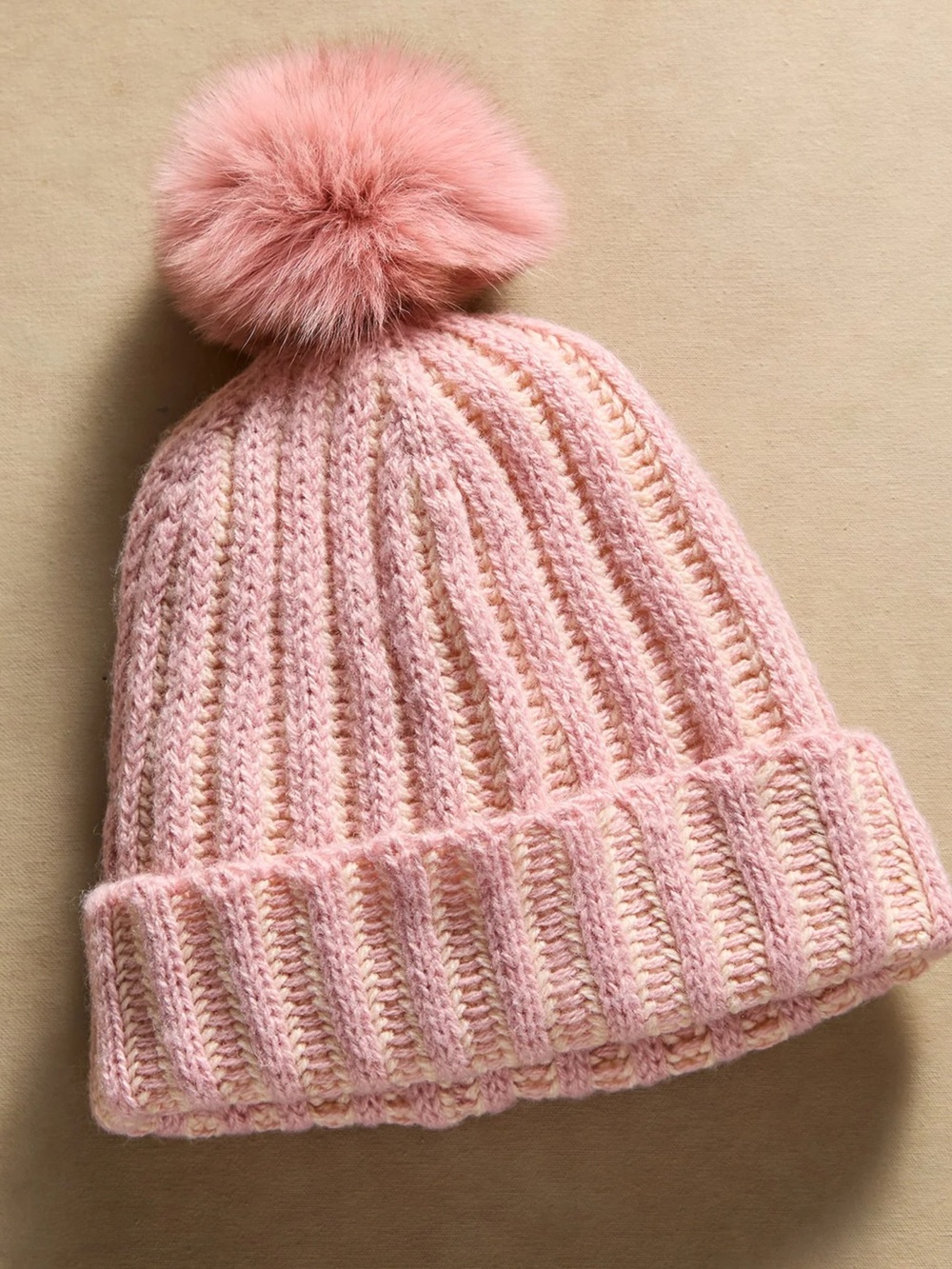 NWT Sundance Catalog Rose Rib Knit Wool Blend Mathilda Beanie in Pink & Cream